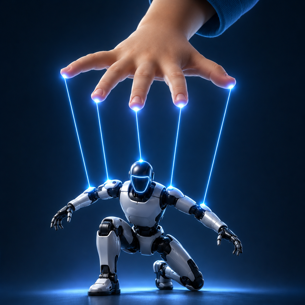 A hand controlling a humanoid robot with beams of light
